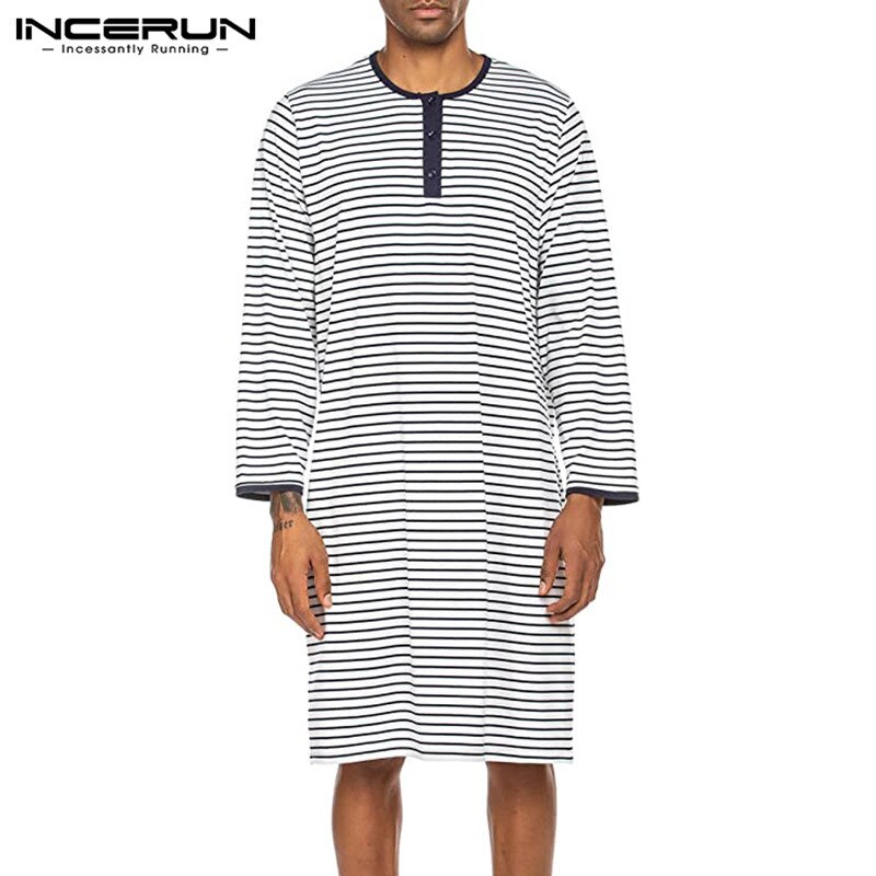 INCERUN Men Striped Sleep Tops Long Sleeve Round Neck Loose Nightgrown Casual Comfortable Sleepwear Men Homewear Nightclothes