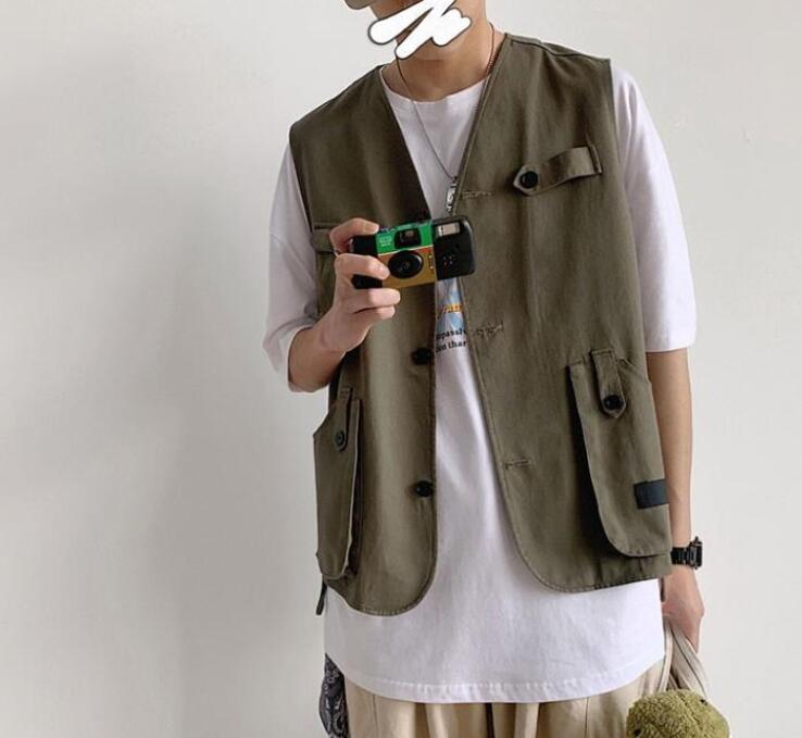 Kamizelki męskie kieszenie płaszcze bez rękawów kamizelki wypoczynek szyk codzienne znosić mężczyzna styl safari dla obu płci pary BF nastolatki Harajuku kamizelka: armia zielony / Xl
