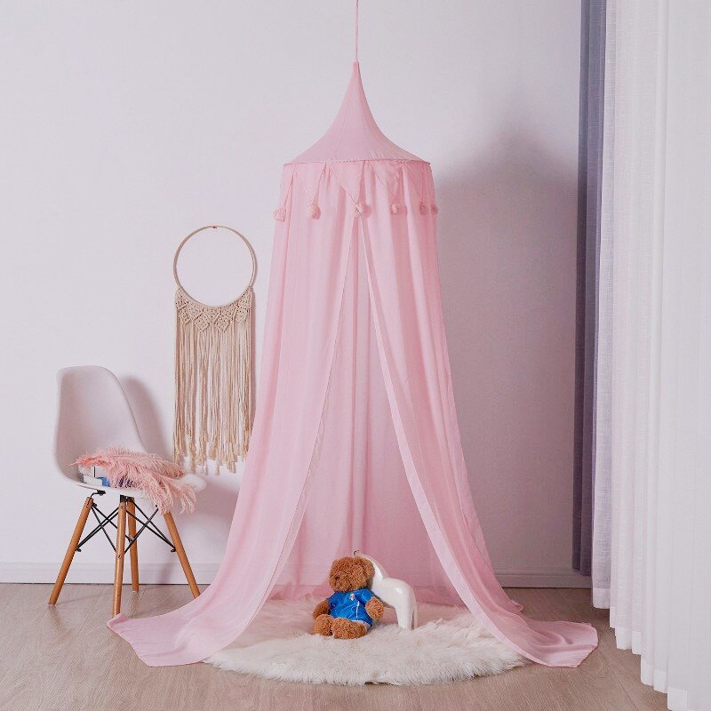 Nórdico cama do bebê dossel mosquiteiro rede berço com pompom cúpula redonda pendurado tenda crianças jogar tenda crianças quarto decoração