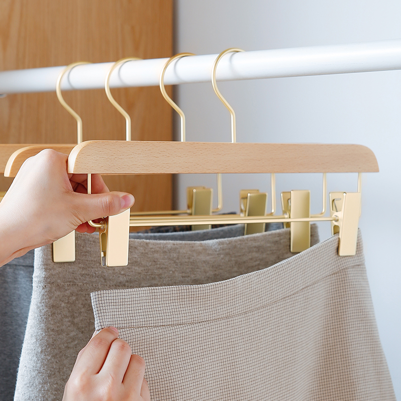 SHIMOYAMA 3 stücke Rose Gold Hosen Lagerung Gestell Buche Kleiderschrank Hosen Felsen KleiderbüGel mit Clips Multi-funktionale Wandschrank Organizer