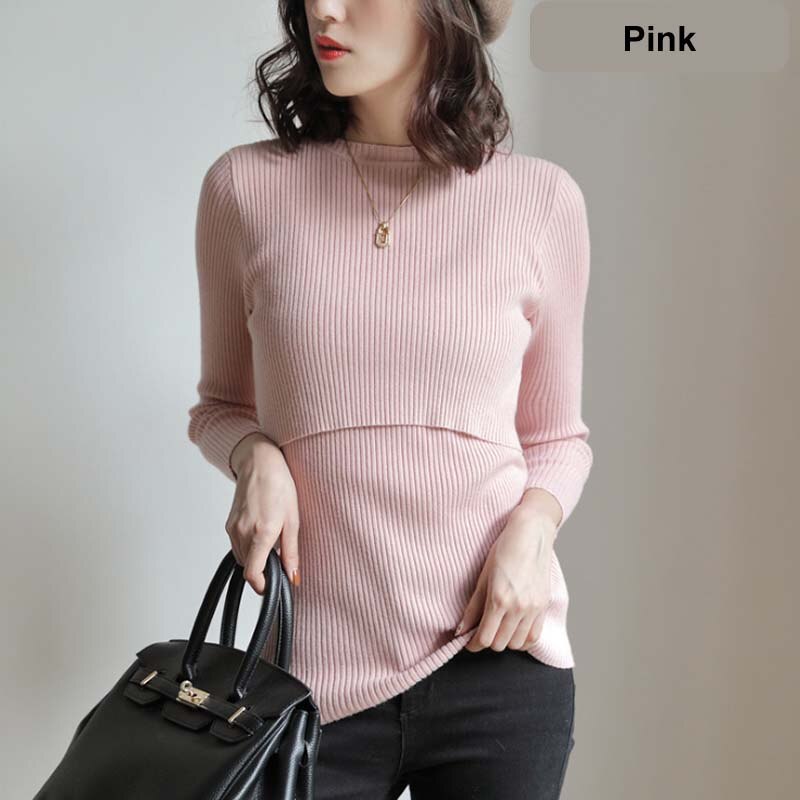 Zwangerschapskleding lange mouwen dames tops slanke voedingskleding herfst winter dames trui comfortabele zwangerschapsoutfit: Roze