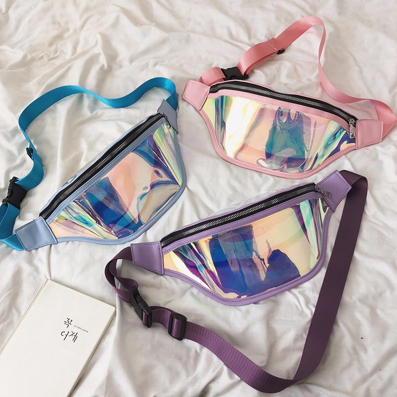 Holographique Fanny Pack Laser taille Pack pour les femmes ceinture Bum sac étanche Transparent clair Punk