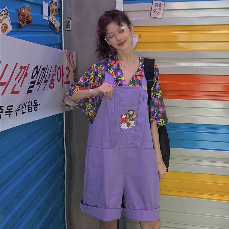 Monos Harajuku morados Ulzzang para mujer, Pelele de dibujos animados de gran tamaño, estilo universitario, trajes para mujer