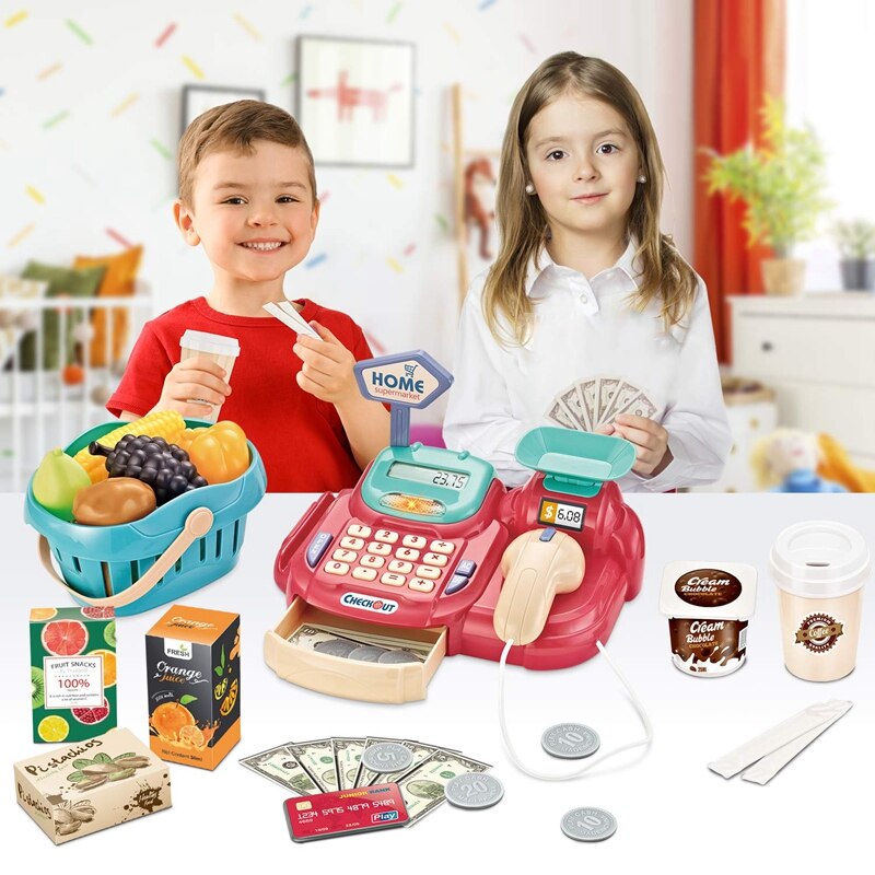 deAO SPMW Kinder-Supermarkt-Spielset mit Einkaufswagen und über 20 Spiel-Lebensmittel-Zubehör