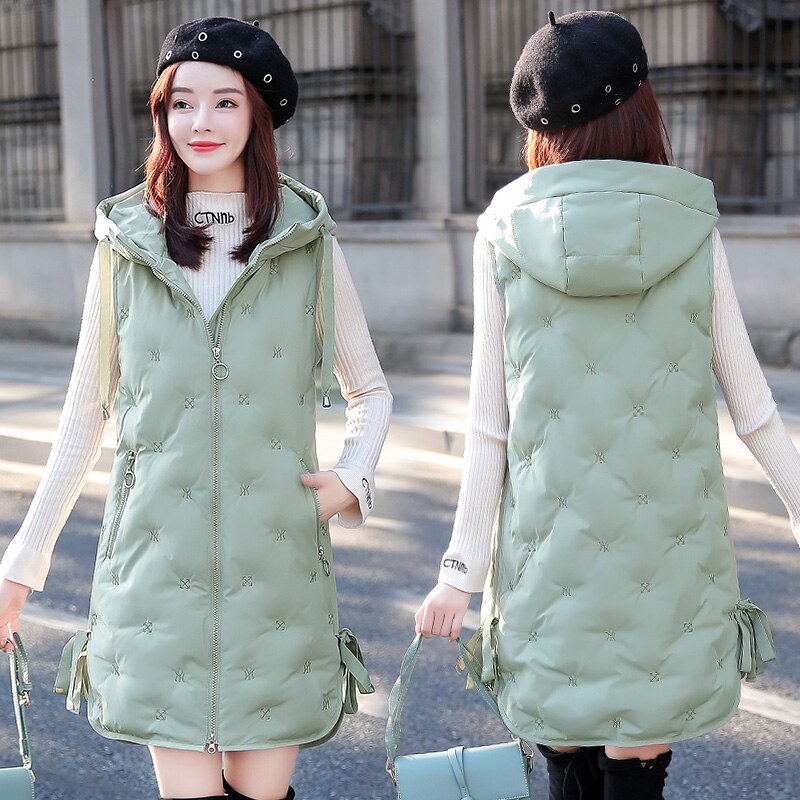 Veste chaude sans manches pour femme, veste matelassée avec broderie de Style coréen, hiver et automne: green / M