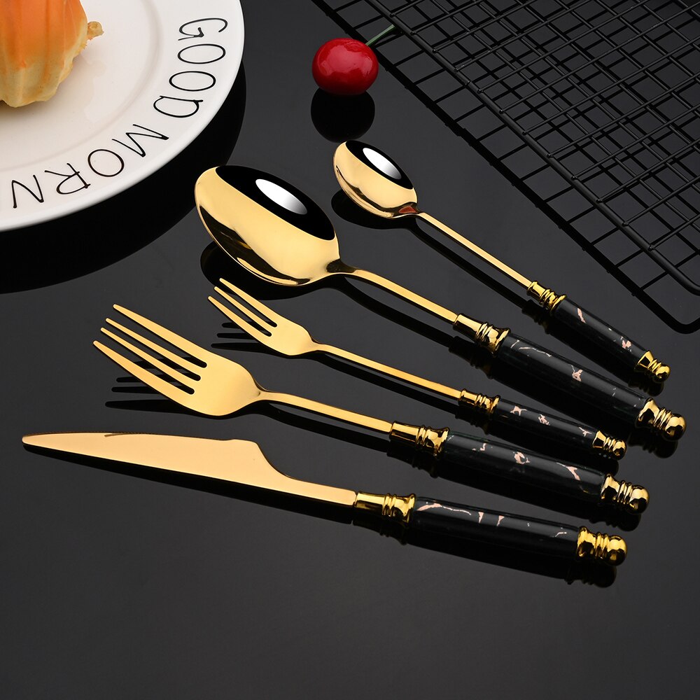 4/20PCS Gold Stainless Steel Flatware Cutlery Set Dinnerware Set Emerald Marble Ceramic Handle Knife Fork Tea Spoon Dinner Set