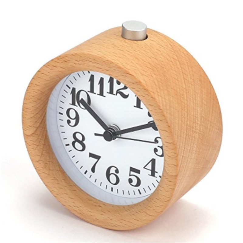 Handmade Classic Small Round Wood Silent Desk Alarm Clock With Desk Lamp Light For Home Decoration