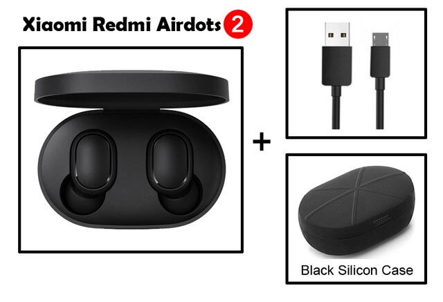 Original Xiaomi Redmi Airdots 2 TWS Bluetooth Earphone Stereo bass BT 5.0 Eeadphones With Mic Handsfree Earbuds AI Control: cable add Black