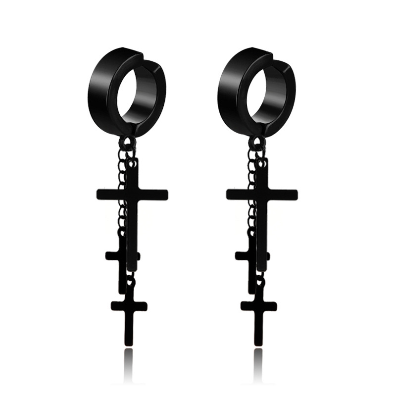 Punk Rock Titanium Steel No ear hole Earrings 3 Crosses Long Tassel Clip Earring Male Female Jewelry Black Silver Color: 1 pair black