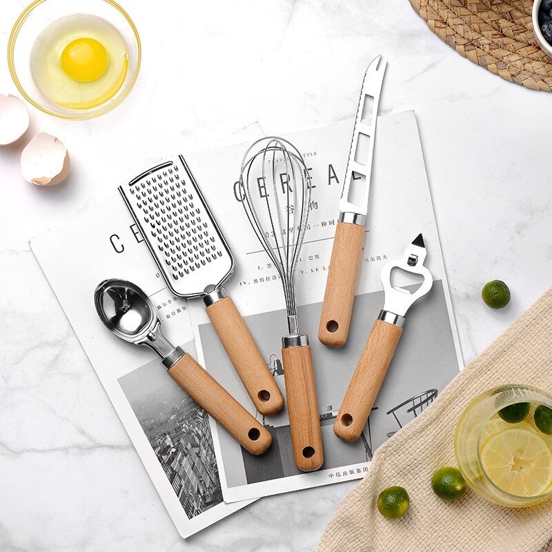 Kitchen Cookware Wooden Handle Small Kitchenware Stainless Steel Opener Baking Pizza Skin-Peeler Cheese Knife Kitchenware Set