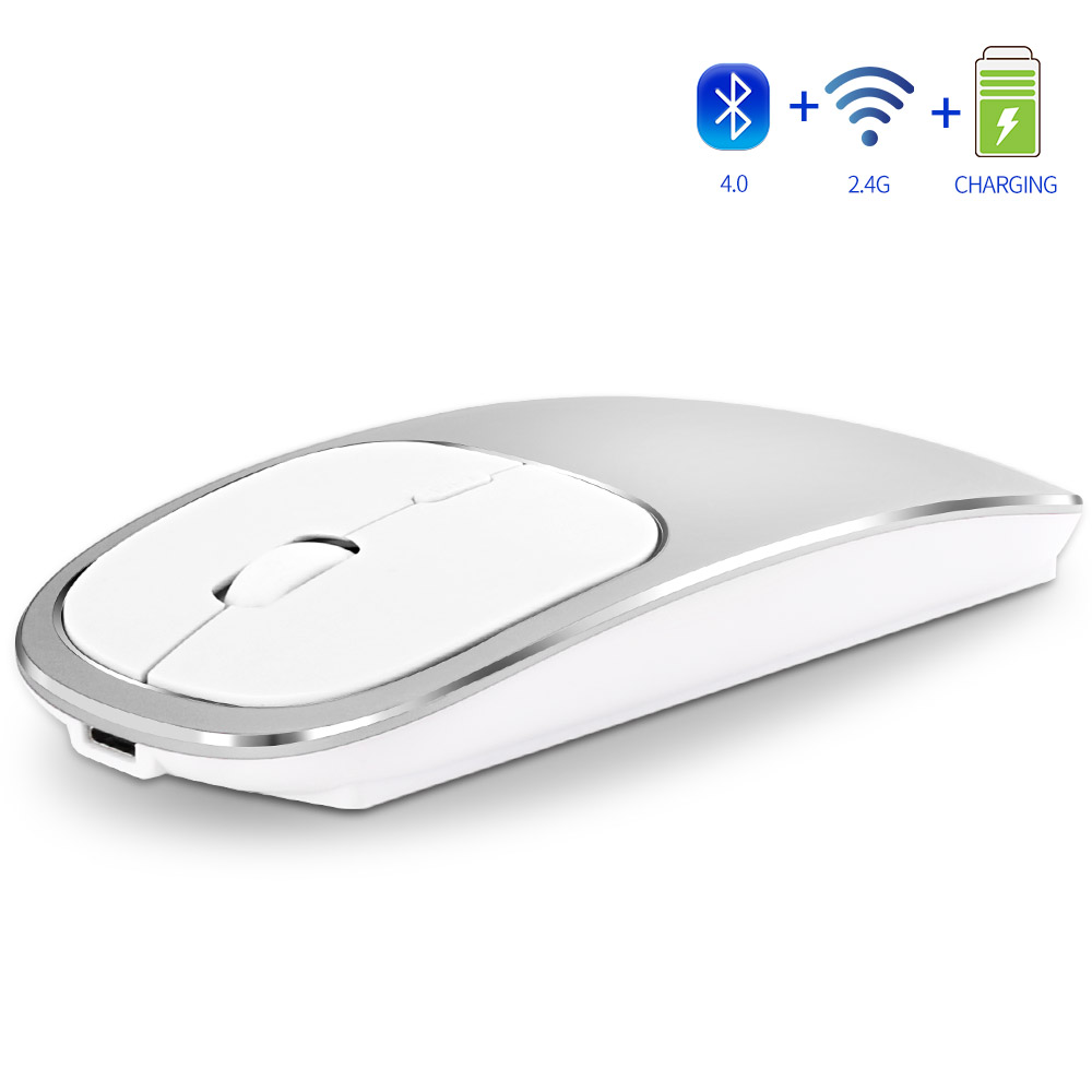 Zienstar Oplaadbare 2.4Ghz Draadloze Bluetooth Muis, dual Mode Ultradunne Stille Muizen Compatibel Met Apple Mac Laptop Computer: Silver white