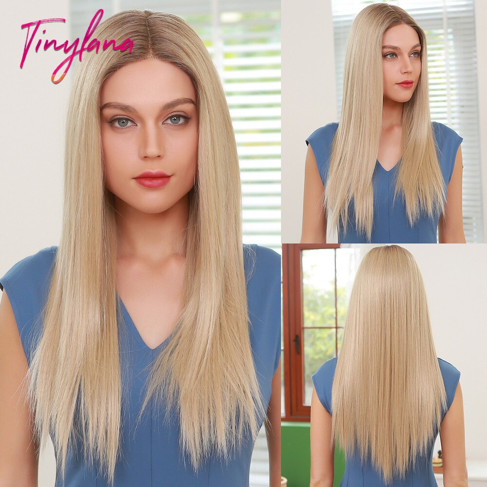Perruque Lace Front wig synthétique lisse – TINY LANA, perruques longues et soyeuses blondes à racines brunes, perruques quotidiennes à haute densité pour femmes, résistantes à la chaleur