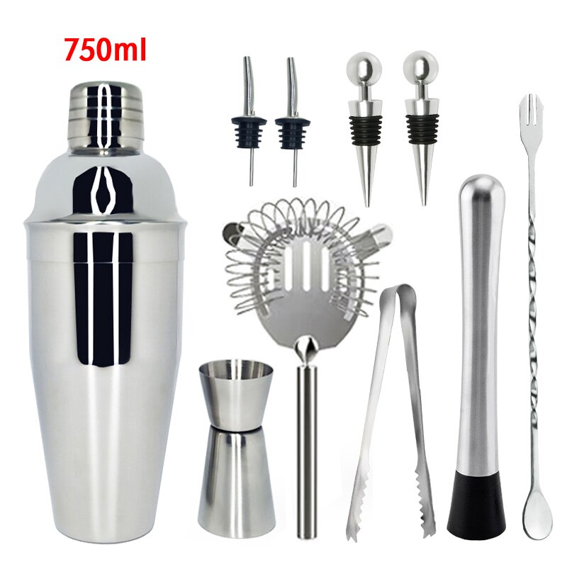 10-11Pcs/set Cocktail Shaker Bar Set with Measuring Jigger Mixing Spoon Stainless Steel Bar Tools - Built-in Bartender Strainer: 10Pcs750ML
