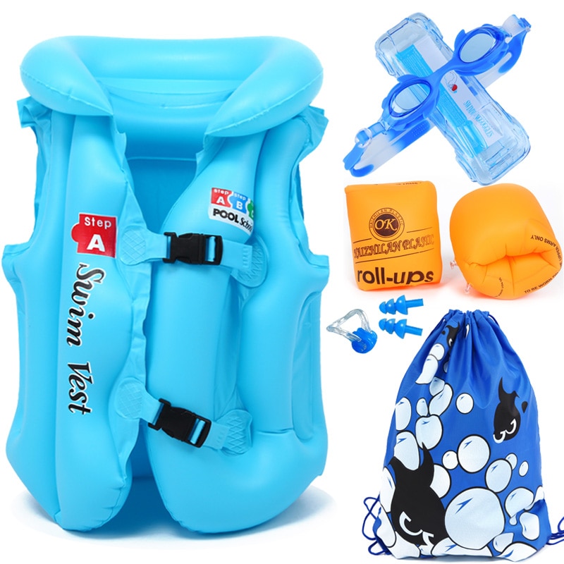 Children Swimming Vest Inflatable Floating Sleeves Goggles Nasal Congestion Earplugs Bag Full Set Buoyancy Lifevest Pool Fishing