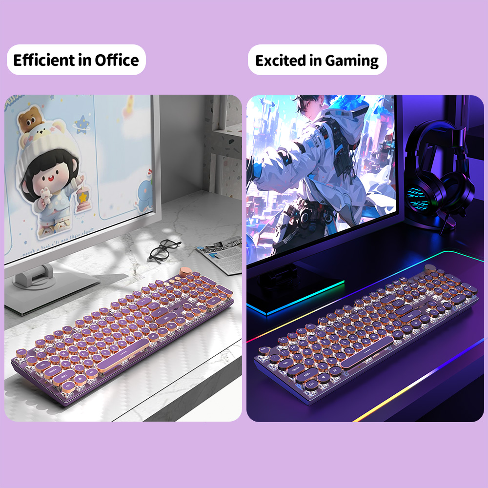 EWEADN V20 Punk Typewriter Mechanical Gaming Keyboard, 104 Keys Round Keycaps LED White Backlit, Key-wire separation