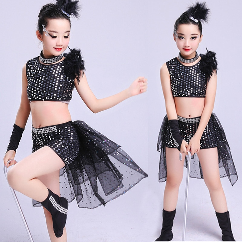 Trajes de baile de Jazz para niña, Ropa de baile para niña de Hip Hop, lentejuelas puesta en escena, trajes de Hip Hop negro