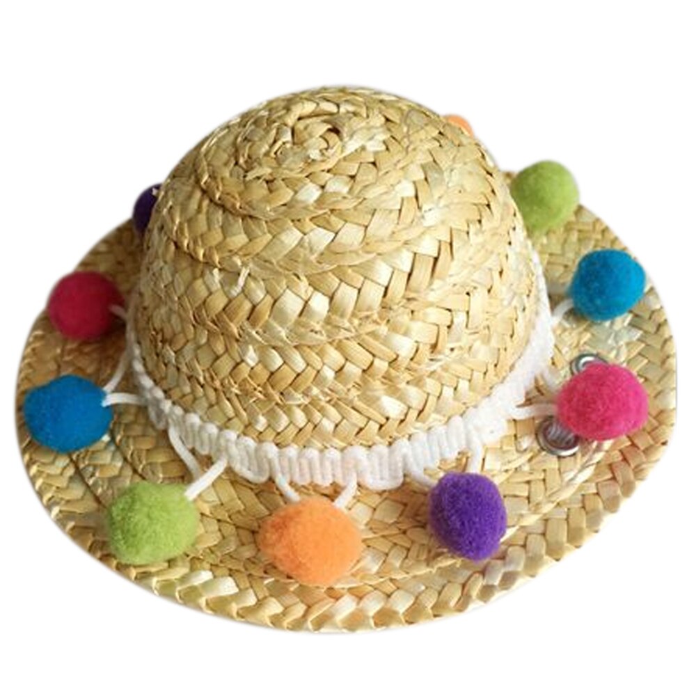 Behogar śmieszne słodkie zwierzęta domowe są słomy tkane kapelusz przeciwsłoneczny z kolorowe kulki dla małych psów kot kotek szczeniak festiwal urodziny impreza dostaw: B