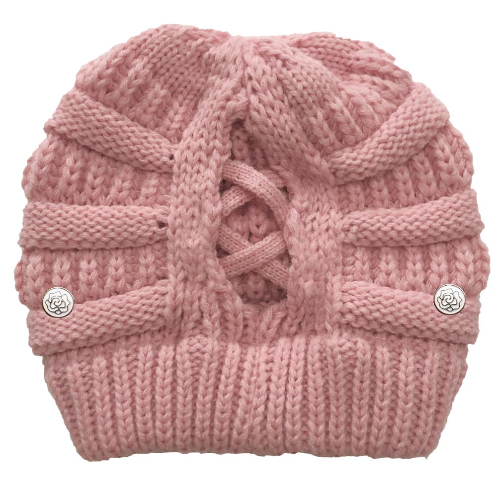Cola de Caballo cruzada desmontable con botón para mascarilla, gorro de punto con apertura trasera, hilo de lana cálido, , producto: Rosa