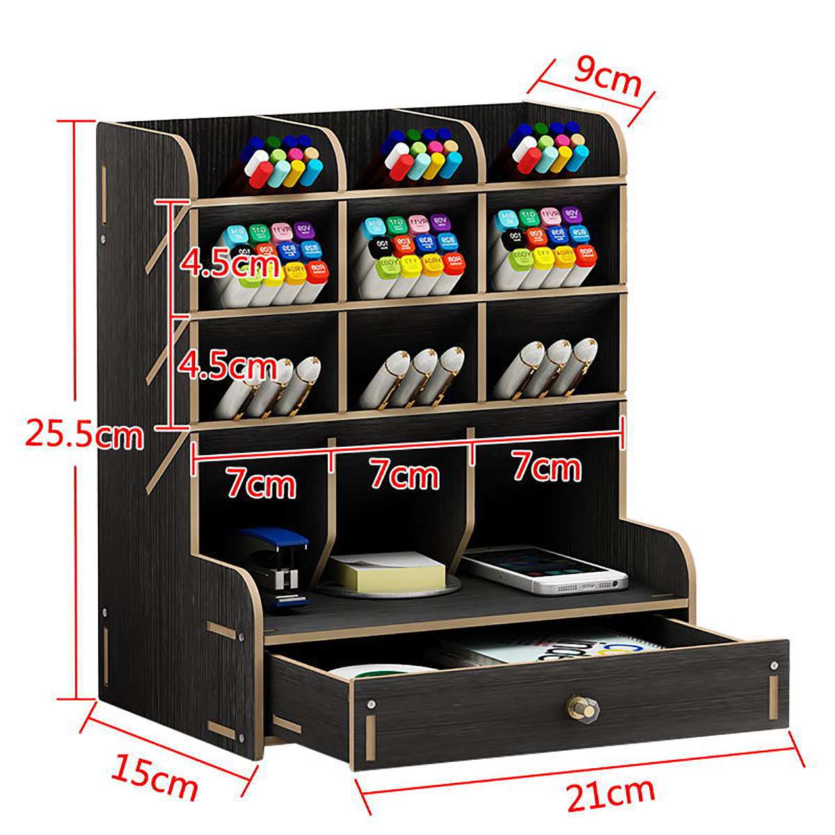 Wooden Multi-function Desktop Pen Holder with drawer Office School Storage Case Desk Pen Pencil Organizer Stationery Storage