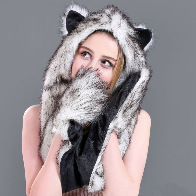 Sh002 pluche imitatiebont mutsen dames heren schattige dieren muts warme winter muts met lange wanten sjaal muts handschoenen set winter oorkleppen muts