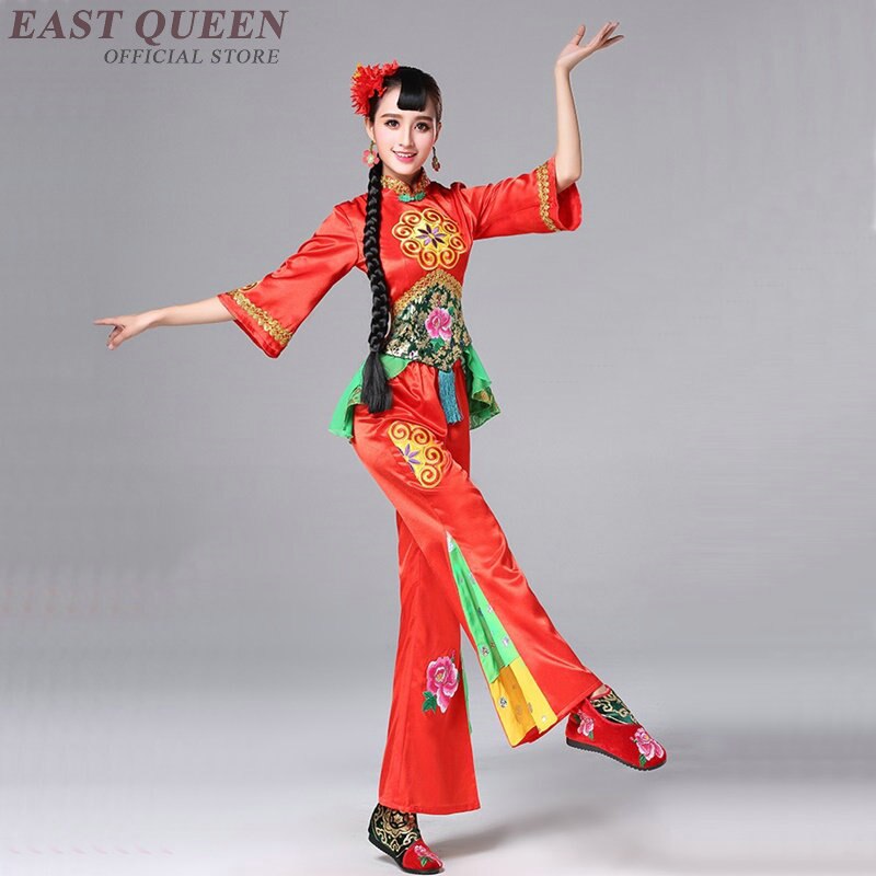 folklórico de China danza Yangko Coustume danza chino Año Festival Hanfu rojo Fan baile con tambores desgaste 3XL 4XL 5XL FF035 YQ