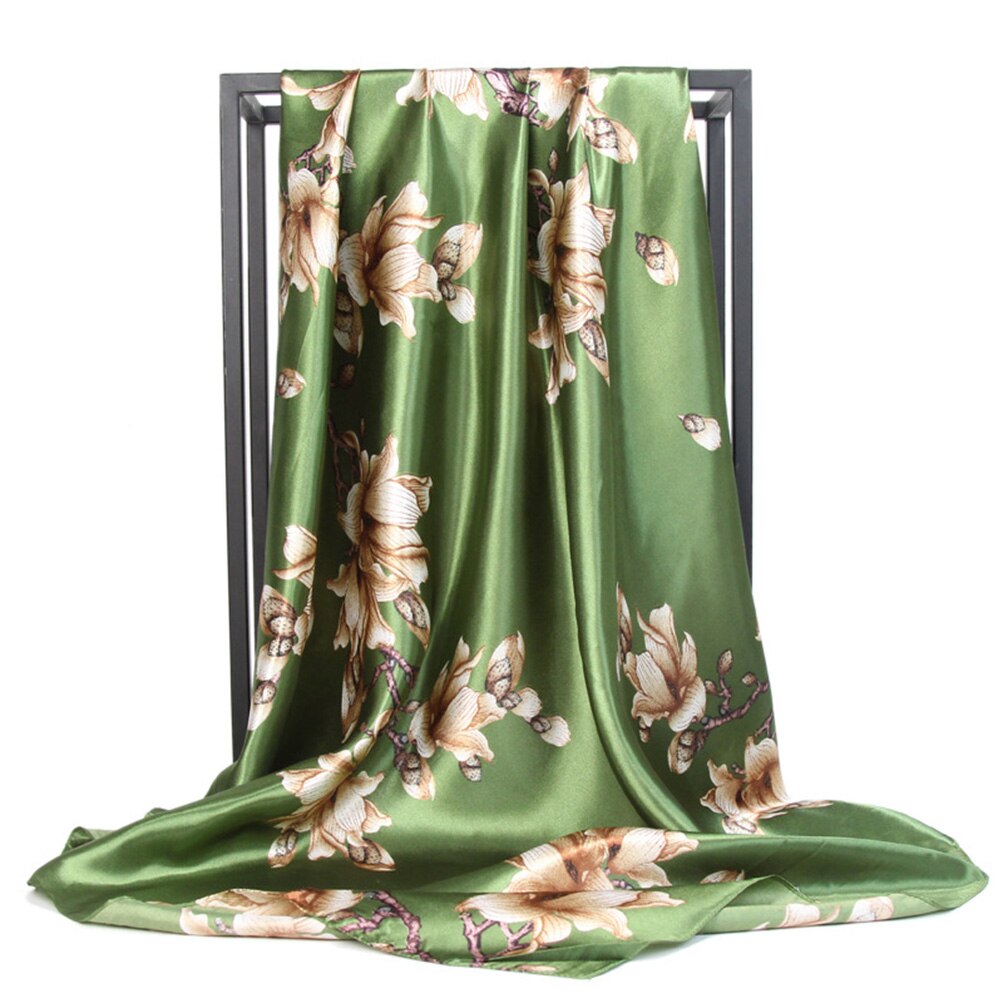 90*90cm trykte silke skjerf firkantet kvinnelig solkrem vill dekorasjon multifunksjonell silke tynn skjerf mann kvinner vår sommer: Grønn