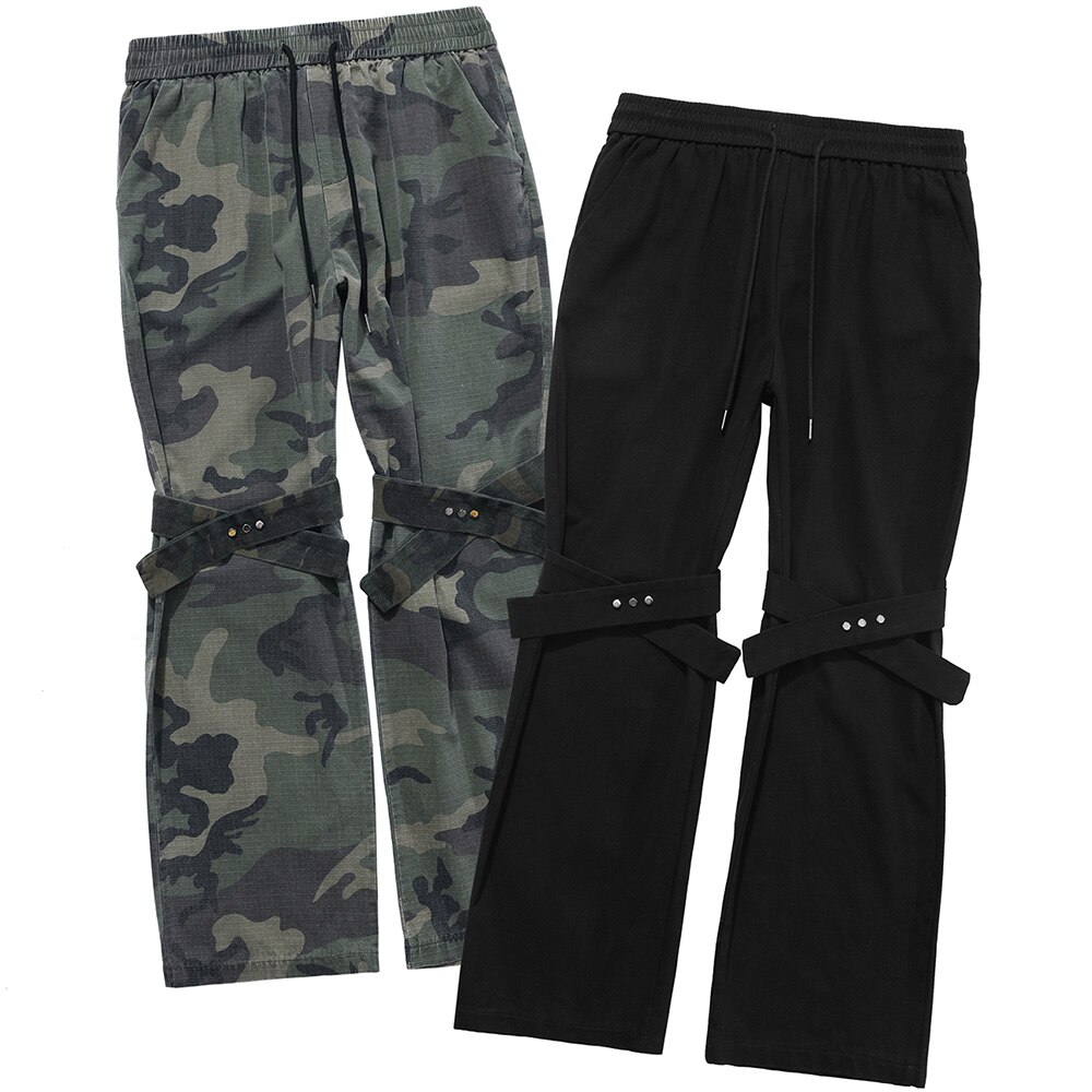 Aolamegs Flare Broek Mannen Camouflage Print Verstelbare Linten Broek Elastische Taille Retro Hip Hop High Street Streetwear