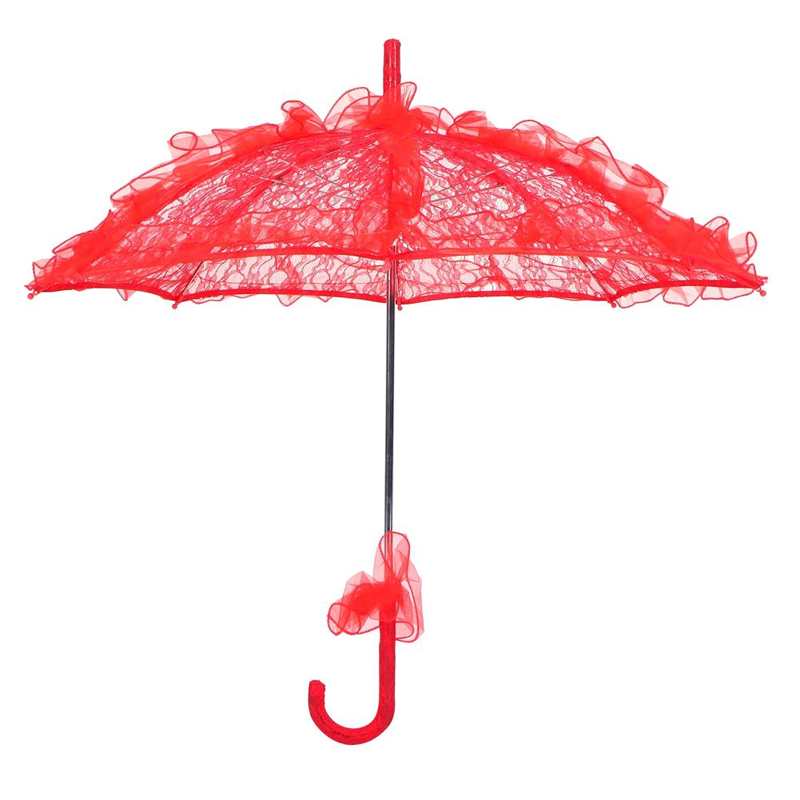 artificial flowers Wedding Bride Umbrella Unique Foldable Lace Fabric Parasol Umbrella Performance Props for Needlework: Red