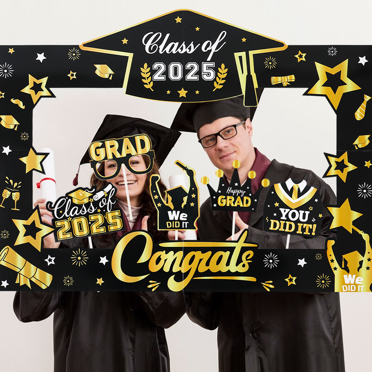 Bannière de cadre d'accessoire de photomaton de remise des diplômes, arrière-plan de prise de vue photo, décor de fournitures d'accessoires, classe de 2025, fête des diplômés, 2025