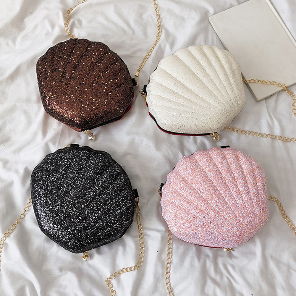 Kvinner budbringer shopping mini skulder søt crossbody bag fest metall kjede skallformet glidelås lukking paljetter