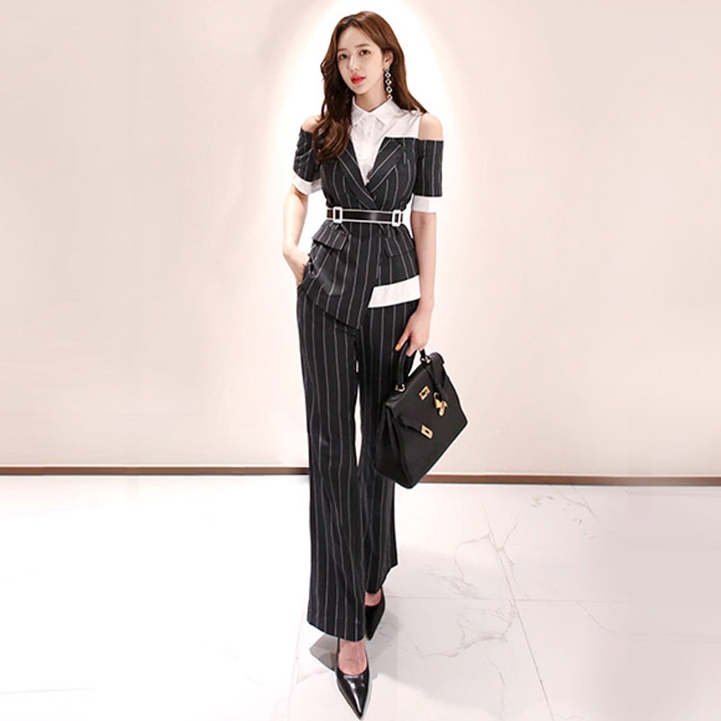 Summer Work Pant Suits OL 2 Piece Set for Women Business interview suit set uniform Short Sleeve Blazer Striped Pant Office Lady