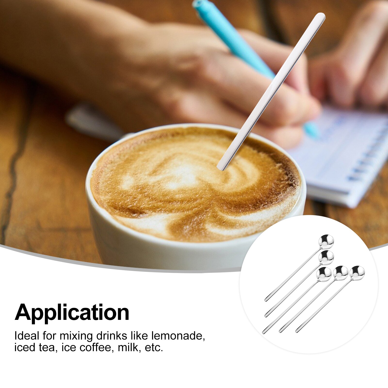 5 Pcs Home Shop Cafe Long Handle Stainless Steel Dessert Round Spoon Supply