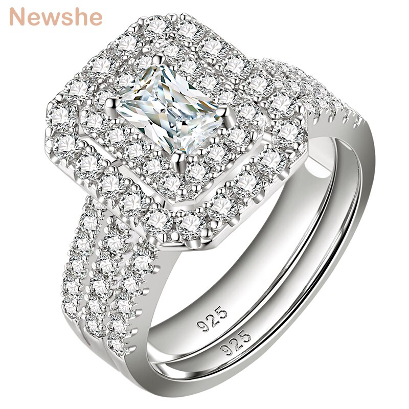 Newshe 2 Pieces 925 Sterling Silver Engagement Wedding Rings Sets For Women Double Halo Rectangle AAAAA CZ Gorgeous Jewelry
