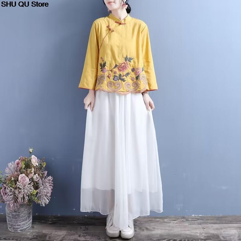 Chinesischen Stil Bestickt Baumwolle Leinen Shirts Frühling Sommer Retro Zugeknöpft Lange ärmeln Stand-up Kragen Kleidung Lose Tops