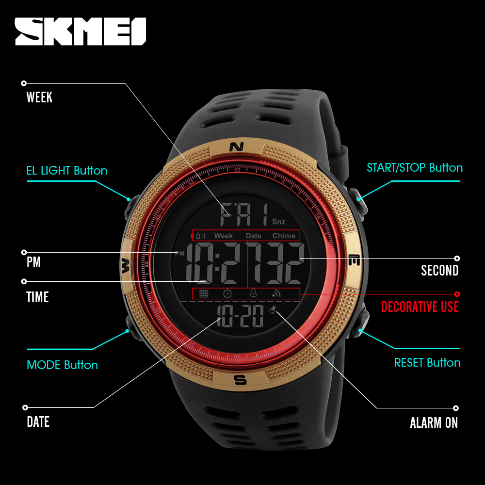 Relojes multifunción SKMEI 1251, reloj despertador Chrono 5Bar, reloj Digital resistente al agua, reloj deportivo para hombre al aire libre