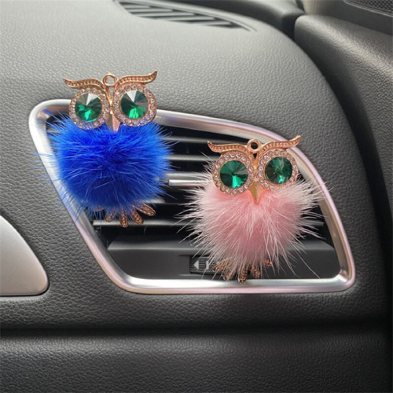 Exquisito perfume de coche en forma de búho de felpa de metal, adornos de diamantes de imitación, perfume de coche