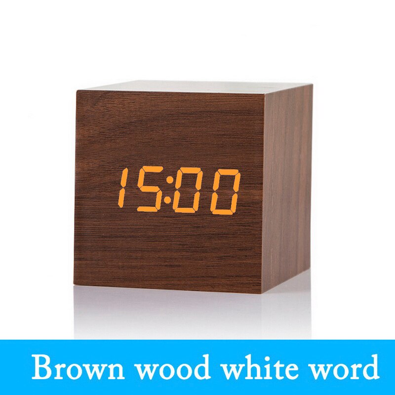 Kleine Quadrat Digitale Holz LED Wecker Holz Retro Glow Uhr Desktop Tabelle Decor Voice Control Snooze Funktion Schreibtisch Werkzeuge: G250511