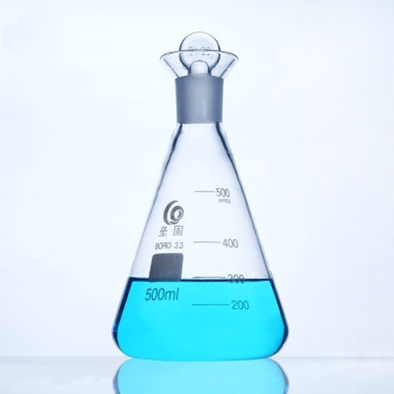 Frasco cónico de vidro com rolha de vidro moído 50-1000ml de vidro de borosilicato erlenmeyer