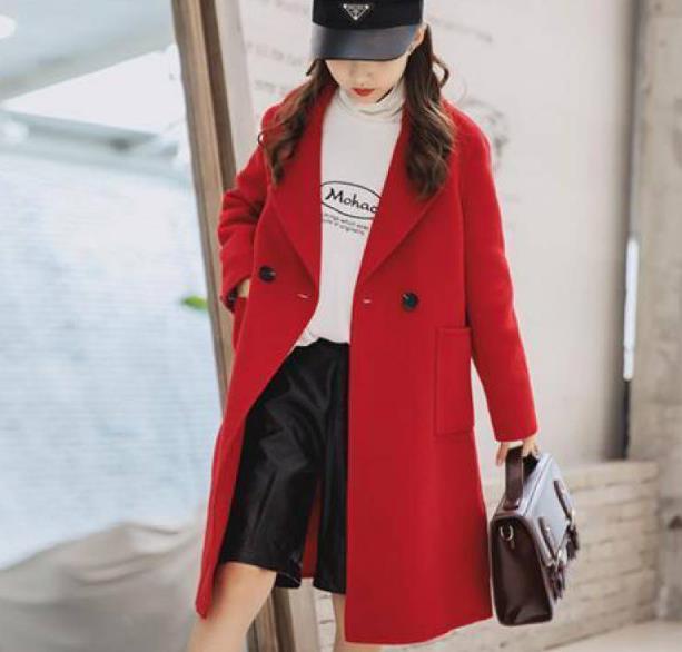 Abrigo largo de lana para niña adolescente, prenda de vestir de mezcla de lana suelta con doble botonadura, estilo inglés, Invierno: Rojo / 120