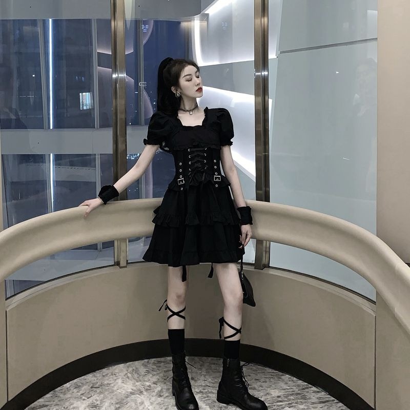 Victorian Renaissance Black Gothic Lolita Dress Japanese Girl Vintage Punk Style Puff Sleeve Bandage Mini Dress Women Dresses