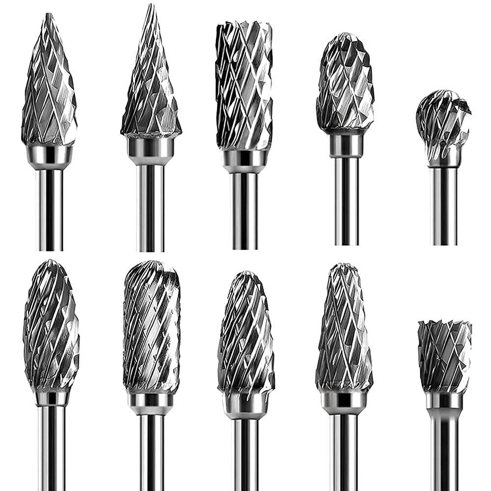 Rebaba rotativa de carburo de tungsteno, 10 Uds., brocas de tallado, herramientas Dremel de corte de diamante doble para tallado de piedra de madera, trabajo de Metal de acero