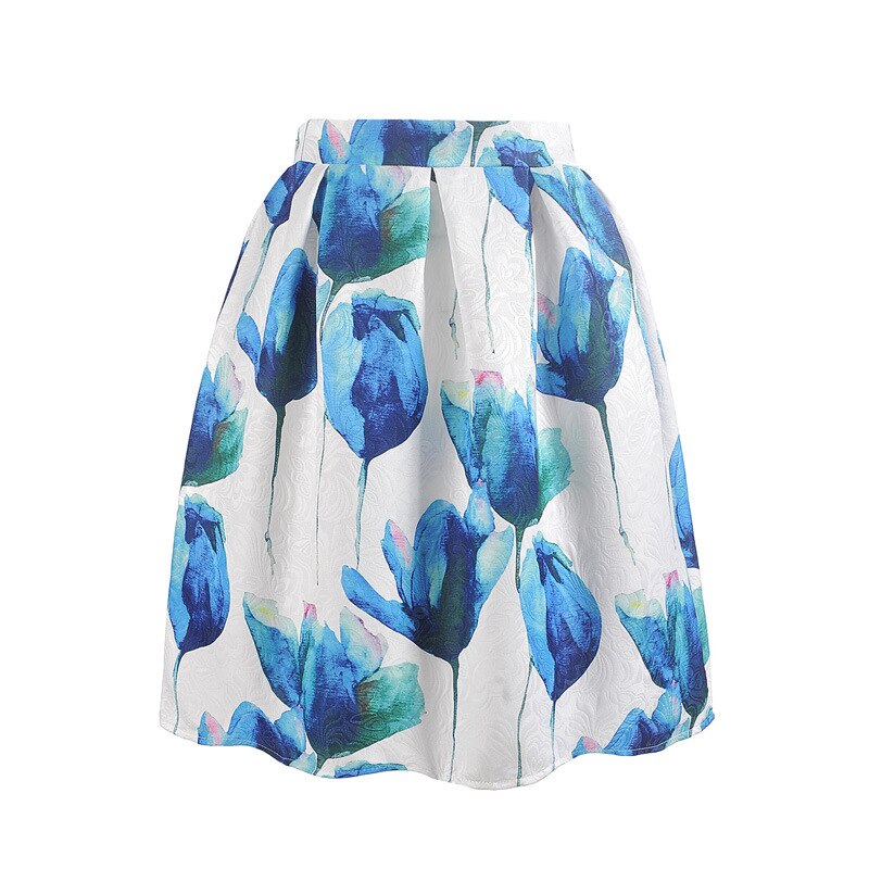 Sommer nederdele til piger med blomsterprint vintage afslappet plisserede nederdele til kvinder midi knælange retro nederdele teenager nederdele: Blå blomst