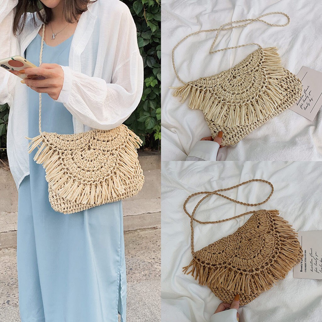 Rattan saco crossbody do vintage tecer bolsa crossbody bolsa de ombro bolsa de ombro bolsa de borla semicircular hasır canta