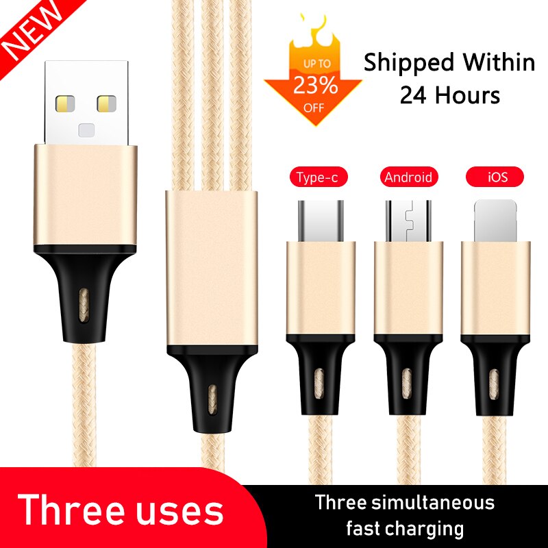 3 in1 2.4A USB Type C Fast Charging Data Cable One For Three Apply To Android Apple Type-C Smartphone 1.2m Nylon Braided Wire