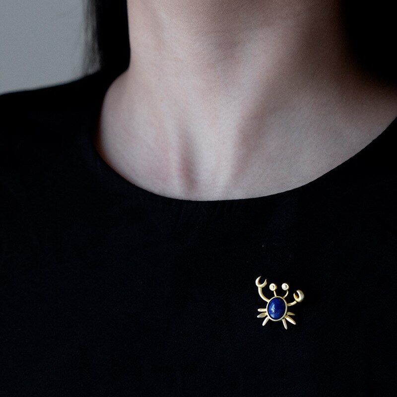 INATURE Natural Lapis Lazuli Funny Crab Brooch 925 Sterling Silver Animal Jewelry Brooches for Women