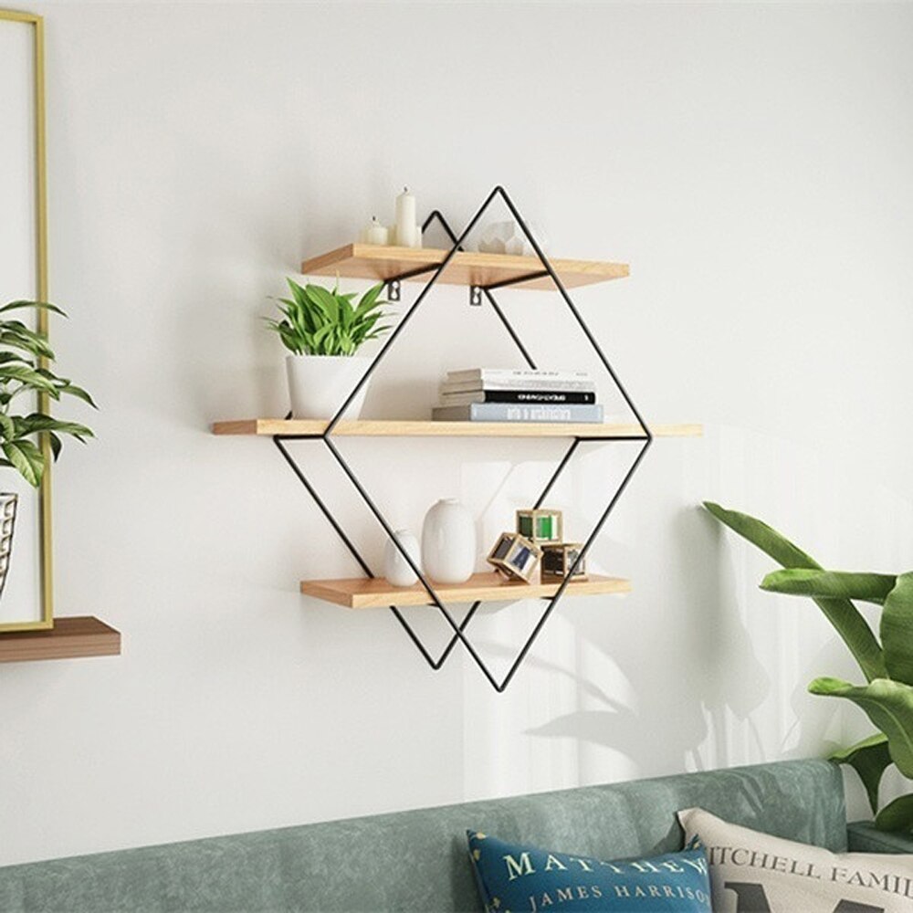 Étagère murale en forme de losange métallique, à 3 niveaux, étagère de rangement pour unité murale rétro en bois, Style industriel, noir