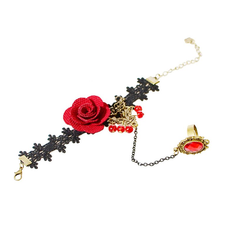 jewelry red rose flower cane temperament of crystal lolita lace bracelet with ring one opisthenar jewelry bracelet