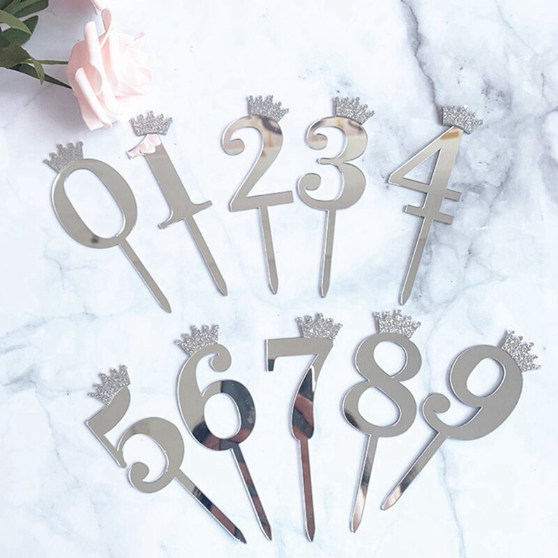 0-9 Numbers Cake Toppers Happy Birthday Cute Crown Number Cake Flag Acrylic Cupcake Topper Birthday Party Cake Decoration Topper
