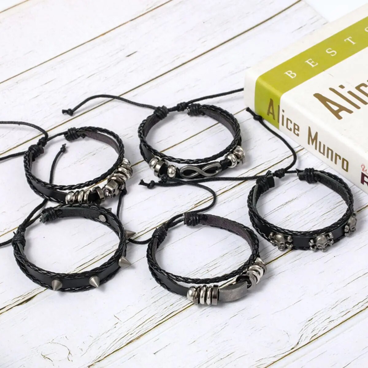 6 stks/set zwarte punk schedel & stervormige legering & pu lederen armband