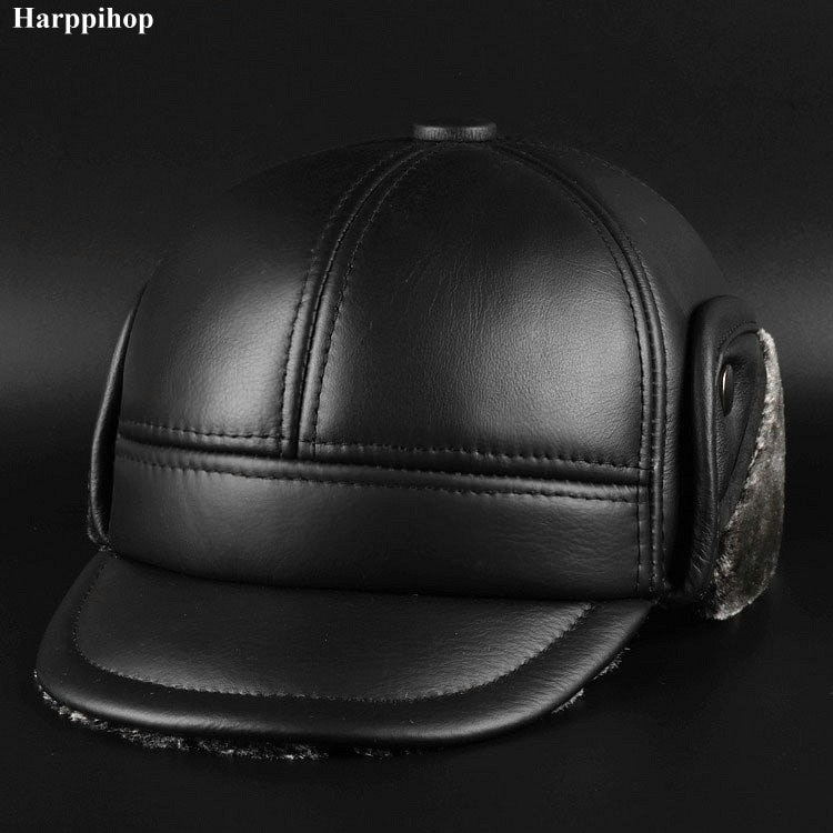 Le chapeau d'hiver en cuir pur pour homme, chapeau de père noël , casquette d'oreille moyenne